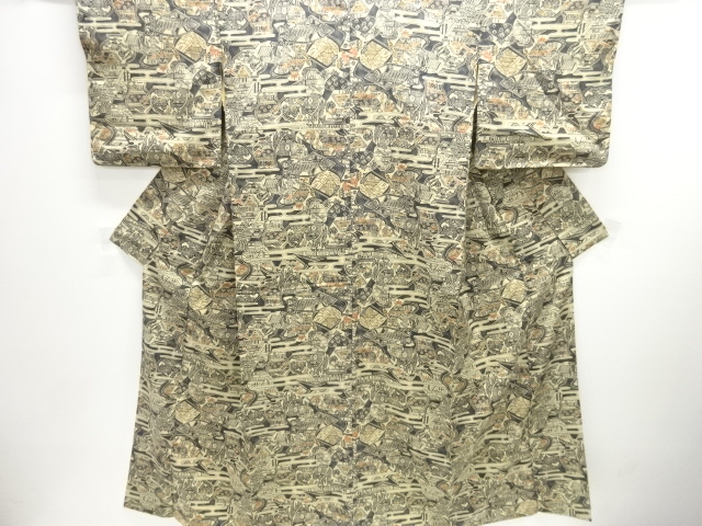 アンティーク　壷に家屋模様手織り紬着物